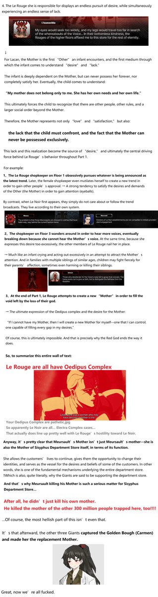 aolinyijiang's tweet photo. 【Canto 10 Analysis ①】Why can’t the people of Sisyphus Department Store “resurrect”?
Quick summary: After Meursault killed their mother, they lost their “Mother”—and thus their chance to be “reborn.”
That’s also why the god created by the Le Rouge is an incomplete “Mother”(1/2) https://t.co/W5Fw3y8QcZ