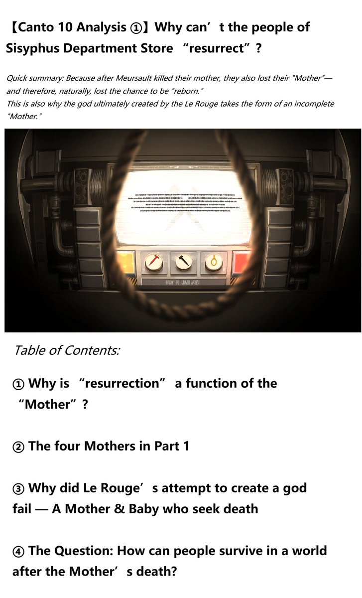 aolinyijiang's tweet photo. 【Canto 10 Analysis ①】Why can’t the people of Sisyphus Department Store “resurrect”?
Quick summary: After Meursault killed their mother, they lost their “Mother”—and thus their chance to be “reborn.”
That’s also why the god created by the Le Rouge is an incomplete “Mother”(1/2) https://t.co/W5Fw3y8QcZ