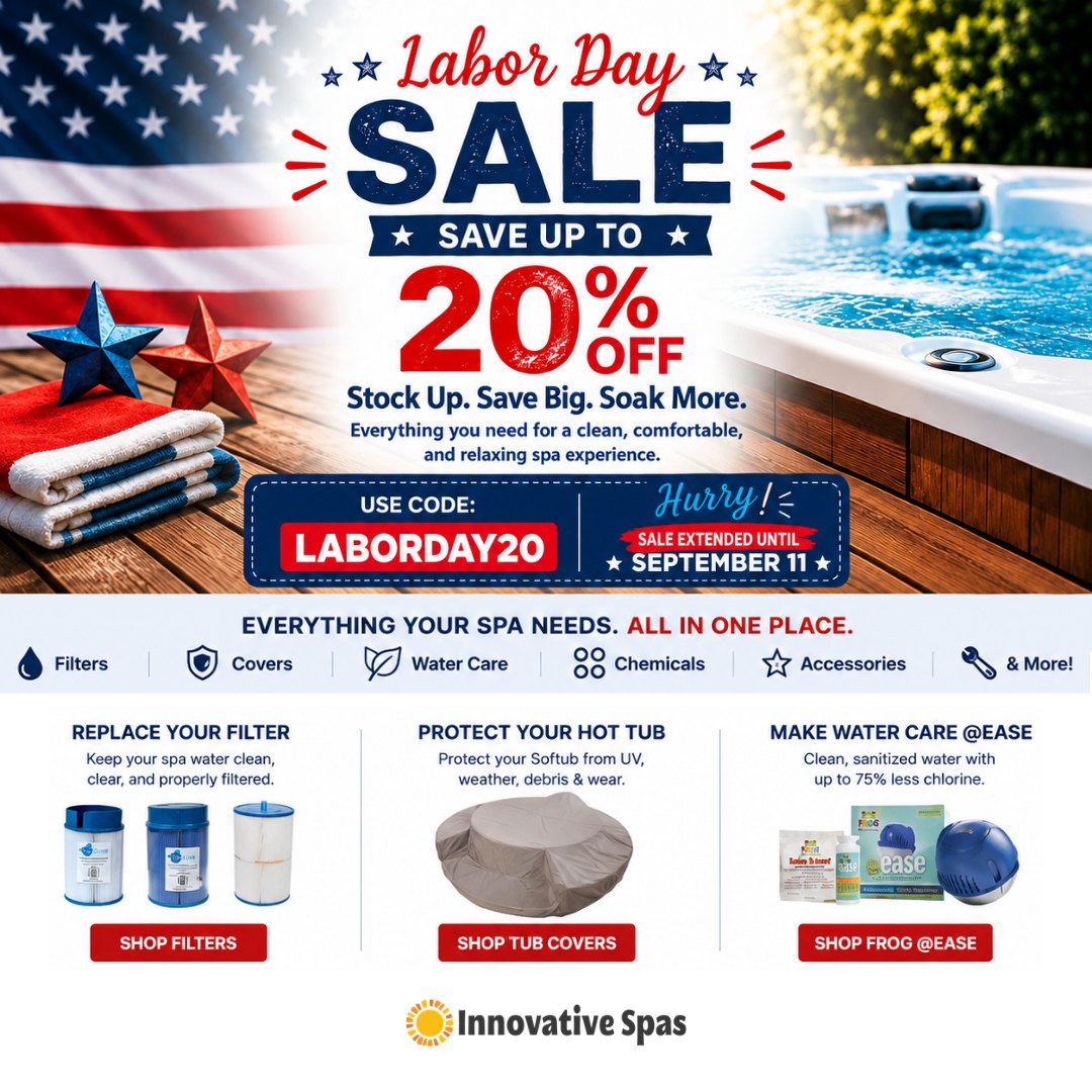 JeriBeneduncan's tweet photo. Labor Day Sale Extended! Save up to 20% off spa essentials through Friday, September 11, including filters, covers, water care, chemicals, and accessories. Use code LABORDAY20 and shop now at H2OOutlet. com. https://t.co/pUYSUYy7CI