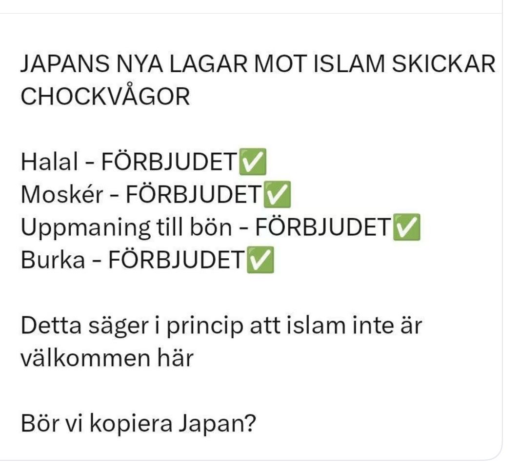 NorvellTommy's tweet photo. ⚠️OBS⚠️ Svenska politiker!

- följ Japan så har vi löst integration problemet omgående!

Kostar ingenting. https://t.co/P7P9Oseuqi