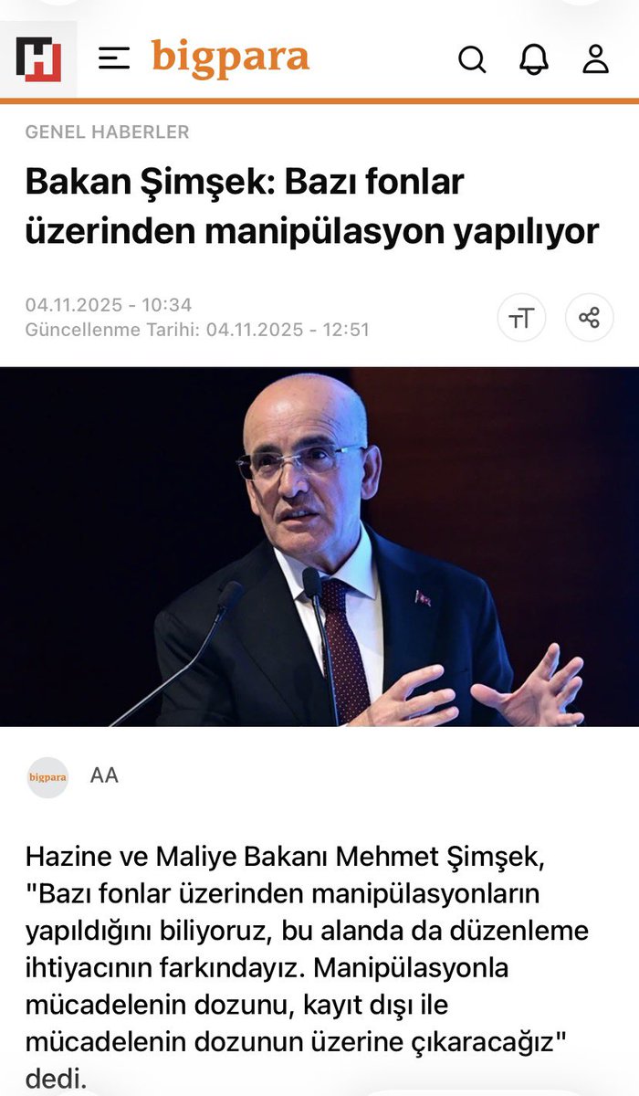 drcetiner's tweet photo. Tarih: 4 Kasım 2025.

Hazine ve Maliye Bakanı Mehmet Şimşek:

“Bazı fonlar üzerinden manipülasyonların yapıldığını biliyoruz.”

Tarih önemli. https://t.co/HQANA8kIEb