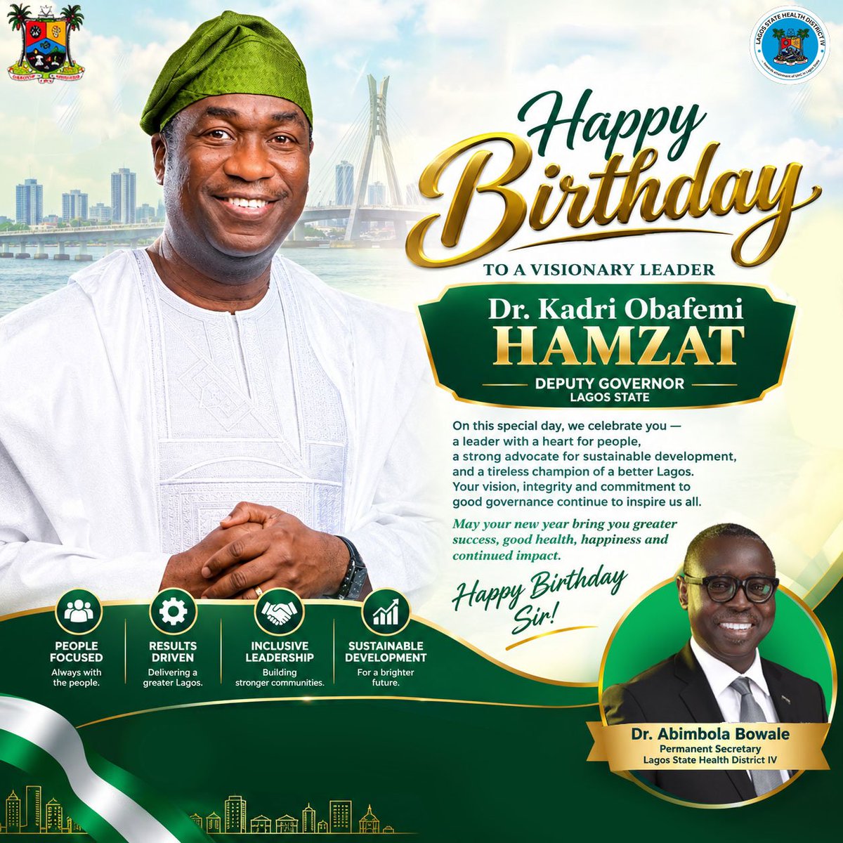 LagHDistrict04's tweet photo. Happy Birthday to our amiable and visionary leader, the deputy governor of Lagos State, Dr Obafemi Hamzat, may God bless grant you abundant grace peace and renewed strength to continue your impactful service to Lagos State. Many happy returns, long life in good sound health
#HDIV https://t.co/0IQXzkJQMV