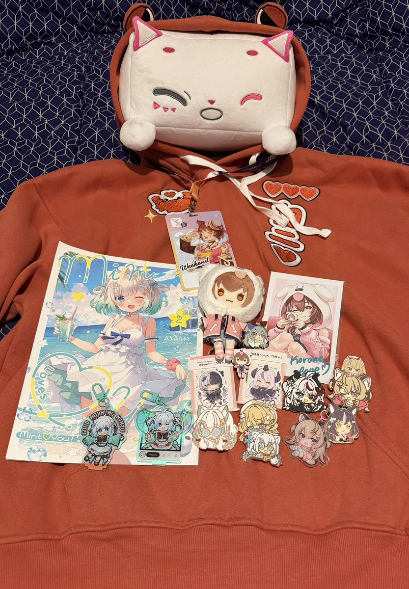 SloppierKitty7's tweet photo. The Haul from #vexpo2026 more Pins!!! The hoodie is rly comfy too and it’s massive! Nyan plush from #Beatstream for scale. https://t.co/lBeAU1k8Jn