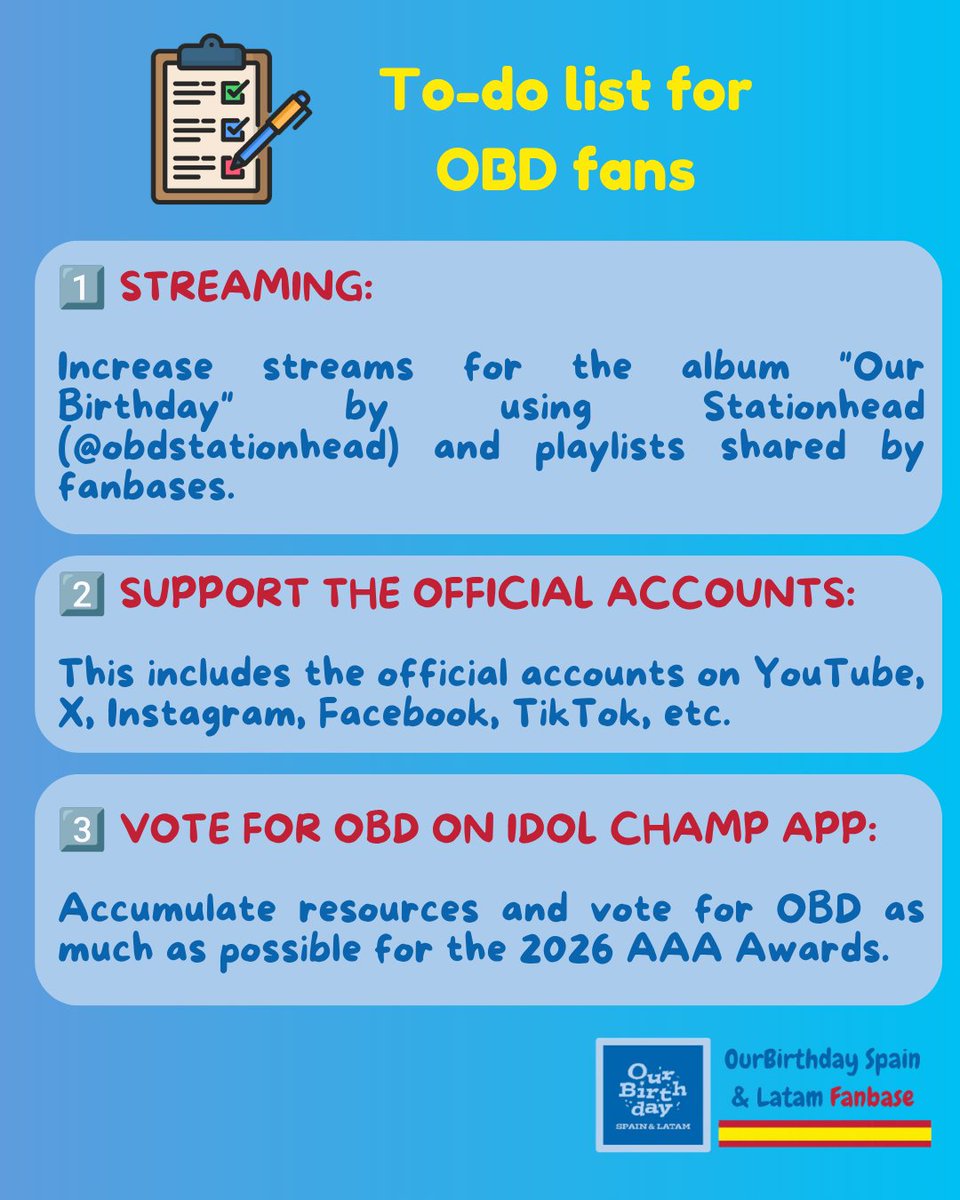 OurBirthdayES's tweet photo. 🎂PROYECTO OBD: Lista de tareas para fans de #OURBIRTHDAY

¡Que el ritmo no pare! Intenta cumplir una tarea o más para apoyar al máximo a nuestras chicas.

(Español/English) https://t.co/SdcDY36J9A