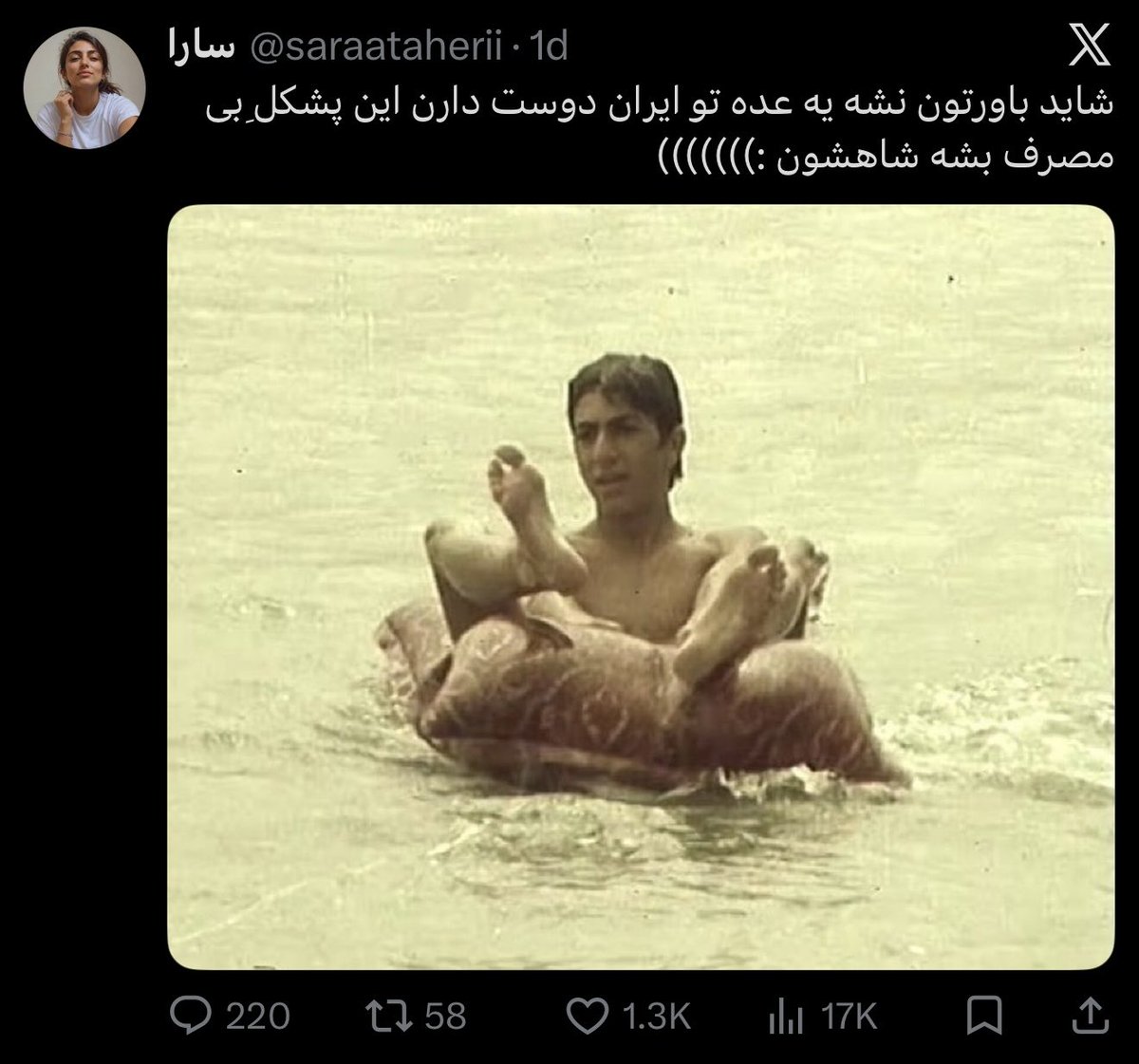 Gaffer_Wolf's tweet photo. مادرجنده، داره شنا می‌کنه. حالا چون خامنه‌ای دست نداشته شنا کنه، باید عقده‌تو سر خاندان پهلوی خالی کنی؟ https://t.co/4rbiijYWMc