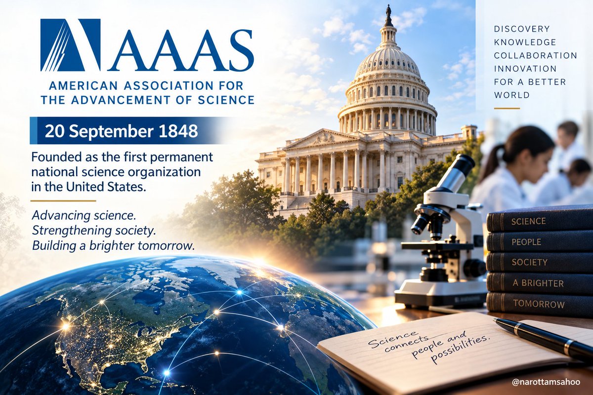narottamsahoo's tweet photo. 20 September 1848 - A milestone for science!

The founding of the American Association for the Advancement of Science (#AAAS) marked the birth of the first permanent national science organization in the United States.

From sharing #knowledge to shaping the #future, science advances when curiosity becomes collaboration and discovery becomes a shared human endeavour.

Let us keep advancing #science - for a better #tomorrow.
