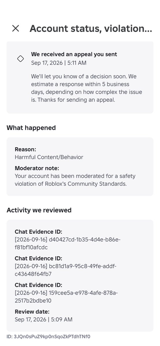 Limited_Vibes's tweet photo. #roblox 🙏🙏 please fix your ai moderation and restore accounts affected by the false termination of harmful content behaviour. I got device banned as well. it’s banning innocent for just normal chatting like me.
Username: 5PastelCloud
#robloxban #sharkblox https://t.co/np150aXDMZ