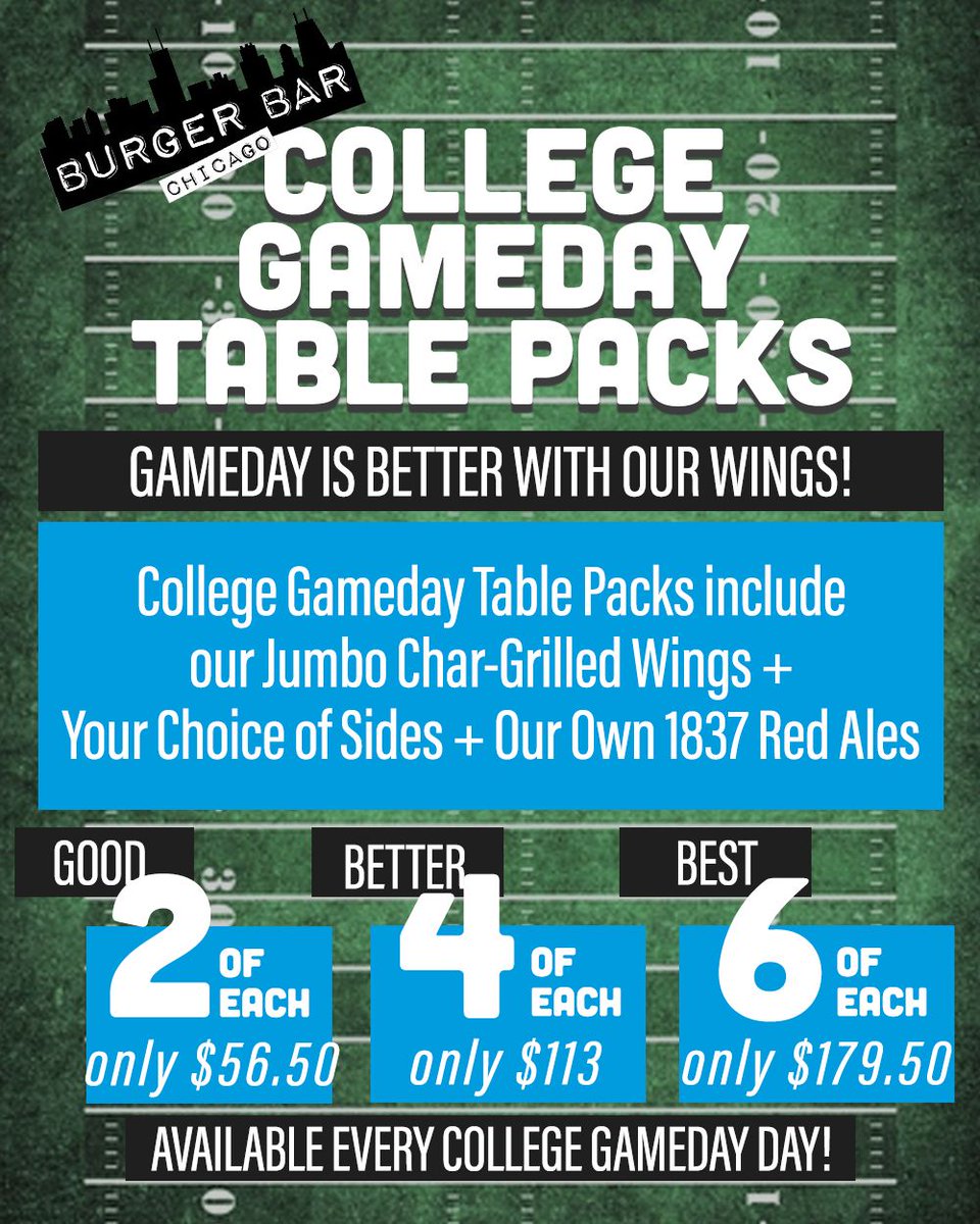 BurgerBarChi's tweet photo. FEAST MODE: ACTIVATED
Saturdays were made for this. 🏈🔥

Lock in your crew’s spot with our College Gameday Table Packs, loaded with everything you need for kickoff! Tables fill fast once the games start—tag your watch party crew and get here early to claim your seats!. https://t.co/h562CJSXDU