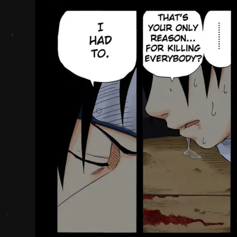 coerdgy's tweet photo. A "primeira memória" do sasuke q tu diz, na floresta, nem aparece o itachi KKKKKK 

A primeira na vdd é no clássico quando ele está a caminho do hotel, q o Naruto está, e ele revive o dia da manhã do massacre. 

LÁ JÁ MOSTRA o itachi visivelmente abalado com algo, chamando o sasuke pra perto e fazendo o toque na testa dele. 

Nessa primeira memória tb mostra q tem algum mistério por trás do massacre pq os pais do sasuke FALAM calmamente pra o sasuke n entrar no cômodo antes de morrerem.

O itachi aparece o tempo todo de cabeça baixa e fala q era algo q "precisava ser feito" 

E ainda, desde esse momento ele já incentiva o sasuke a ficar forte pra o matar. 

O itachi não é escrito como um sádico q fez tudo pra testar o próprio poder, o mistério é justamente descobrir o pq ele fez isso, pq nada q ele fala ou a forma q ele age condiz com essa narrativa de "testar seus limites" pq toda luta q o itachi aparece ele n parece querer testar seu poder em luta com ninguém. Ele parece nem gostar de lutar e as falas dele no clássico tb confirmam isso.