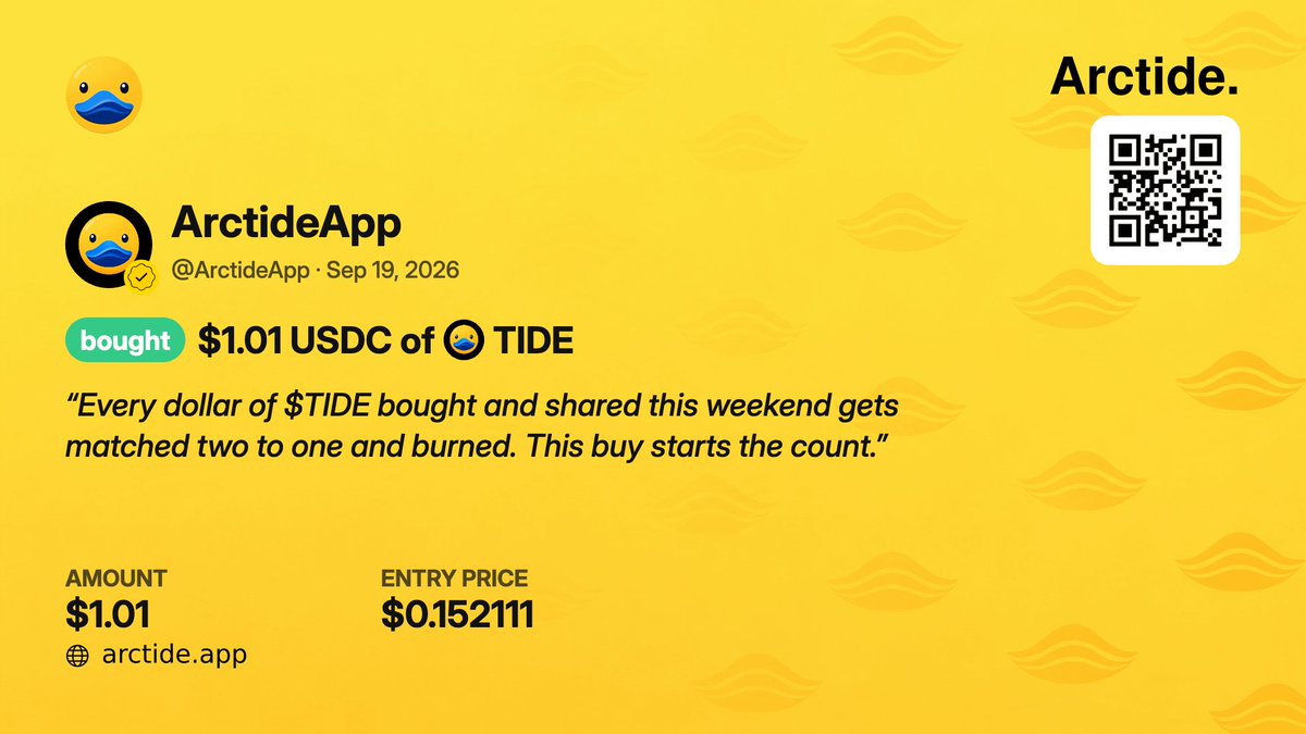 ArctideApp's tweet photo. 🔥 For every $1 of $TIDE you buy and share, we’ll buy $2 and burn ours.  

Buy on https://t.co/WsT4wa4lhS → add your reason → share your card  

$20,000 total budget. Burn in 2 days 🦆

Must still hold at close. Verified shared buys only. 

QUACK QUACK https://t.co/1hgZFfEGHS