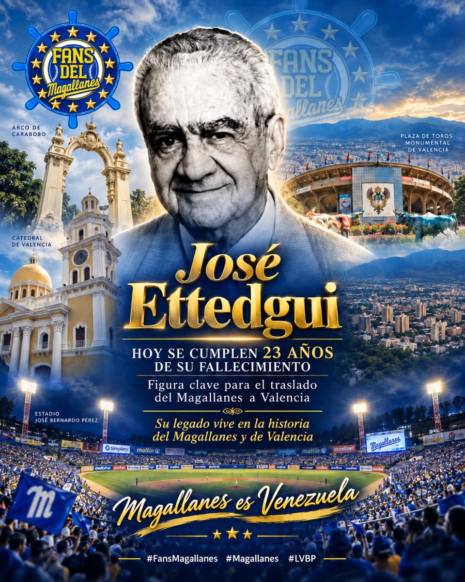 fansmagallanes's tweet photo. Hoy se cumplen 23 años del fallecimiento del médico traumatólogo José Ettedgui, figura clave para llevar al Magallanes a Valencia y primer presidente del equipo en la ciudad.

Sus logros:

2 campeonatos
1 Serie del Caribe

¿Lo sabías? 

#FansMagallanes #Magallanes #LVBP https://t.co/s3GHATgTY8
