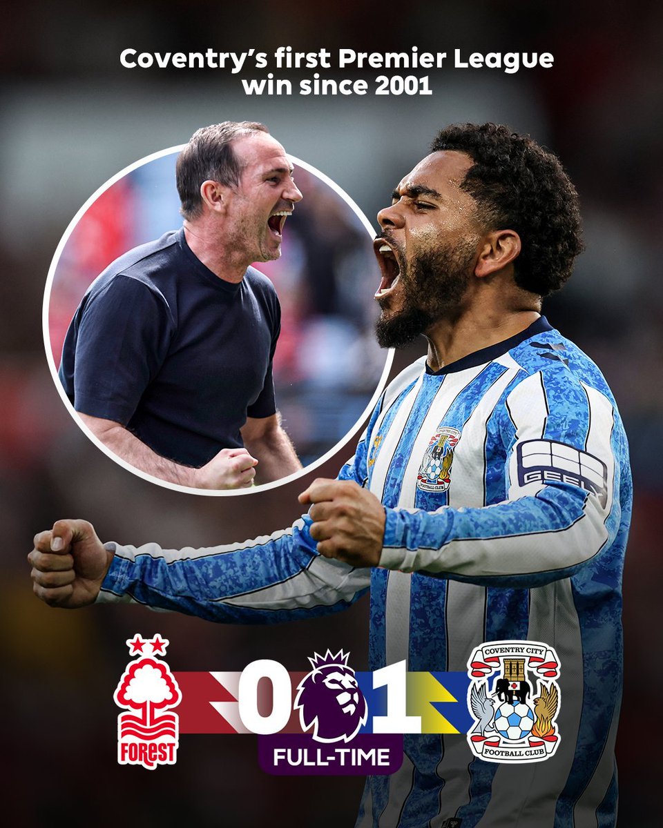 GilbertoDesilos's tweet photo. 🏴 #PremierLeague J5 | NOTTINGHAM FOREST 0 - 1 COVENRTRY CITY
⚽️ Dasilva
El Coventry City por primera vez desde el 2001 consigue su primera victoria en la Premier League al vencer al Forest en City Ground que los sube al puesto 18 de la tabla
#NFOCOV https://t.co/R27mhGHGvh