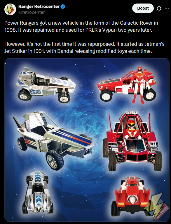 retrocenter's tweet photo. I’ve talked before about how Jetman’s Jet Striker was later repurposed into the Galactic Rover for Power Rangers in Space and how the AutoMorphins were based on Ninjaman from Kakuranger.

But I’ve never talked about the girls’ dolls… 

So let’s get into that — before someone pastes this thread into AI, rewords it with zero effort, and reposts it on Facebook and YouTube! (1/7)
