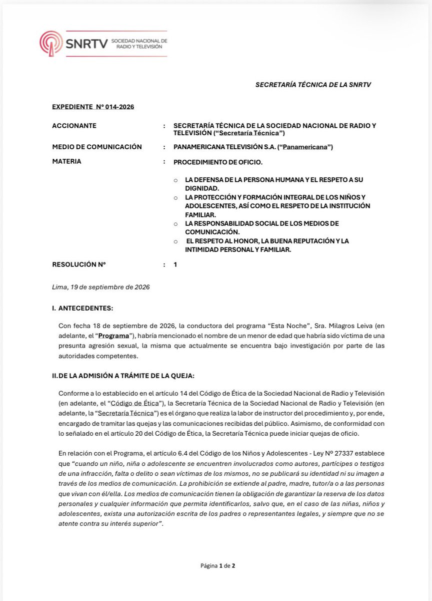 snrtv_oficial's tweet photo. En vista de los hechos acontecidos en el programa "Esta Noche", conducido por Milagros Leiva y emitido el día de ayer 18 de septiembre de 2026 por Panamericana Televisión, la Secretaría Técnica de la SNRTV ha resuelto iniciar una queja de oficio. https://t.co/PuEcjlPt6A