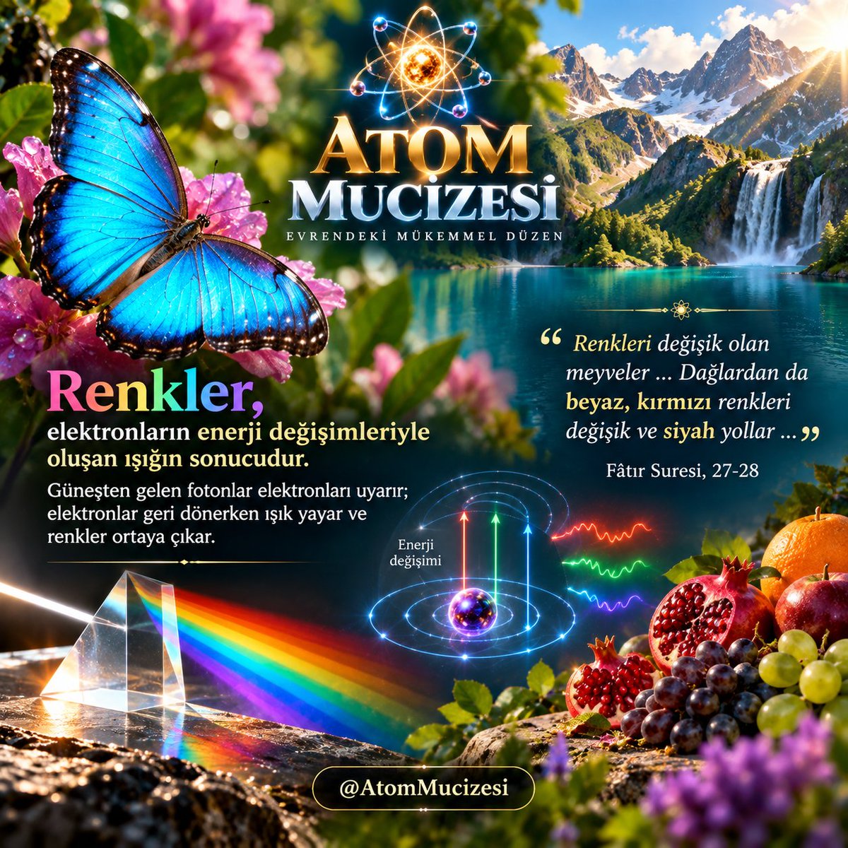 AtomMucizesi's tweet photo. Renkler, elektronların enerji değişimleriyle oluşan ışığın sonucudur.

" Renkleri değişik olan meyveler ... Dağlardan da beyaz, kırmızı renkleri değişik ve siyah yollar ... "

Fâtır Suresi, 27-28

#TSvGS
#GSvTS https://t.co/8xvnsqOjWS