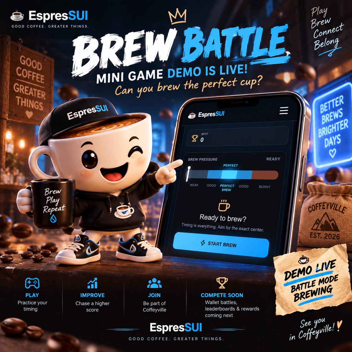 EspresSui's tweet photo. ☕💧 BREW BATTLE DEMO IS LIVE! 🎮

Think you can hit the PERFECT BREW? 👀

☕ Play the demo 🎯 Chase your best score 🏆 Master your timing ⚔️ Battle Mode + leaderboards brewing next!

https://t.co/BWWAI6q6ez

Drop your Brew Score 👇

Good Coffee. Greater Things.
 $ESPRESSUI https://t.co/dGnd1KPzm0