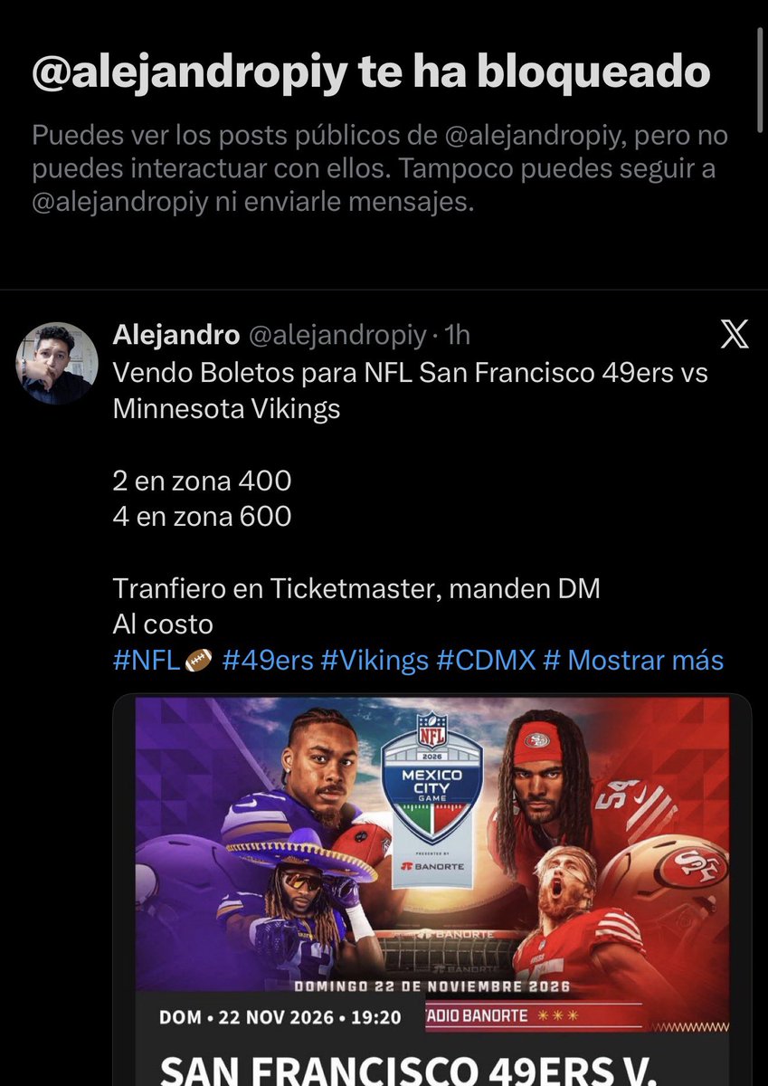 brendannanx's tweet photo. @alejandropiy antes @Aleicxsr @Aleijat56 @Ailodriys @Lextrah @alejitsh y @Hermostraskell ESTAFA BOLETOS NFL México San Francisco 49ers vs Minnesota Vikings
SUS REDES Y FAMILIA NO TIENE BOLETO
#49ers #Vikings #CDMX #ESTADIOBANORTE #MexicoCityGame #EstadioBanorte  #MinnesotaVikings https://t.co/c1BbC2zHRf