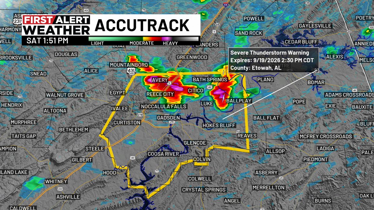 CarlynsWx's tweet photo. FIRST ALERT! A Severe Thunderstorm Warning is in effect until 2:30 PM this afternoon for Etowah County! Stay weather alert this afternoon.⚡
#alwx #wbrc #firstalert https://t.co/8kwoX8FMkV