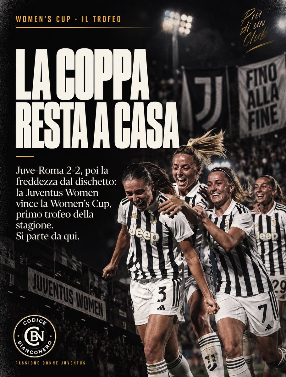CodBianconero's tweet photo. Il primo trofeo della stagione parla bianconero.

Dopo il 2-2 con la Roma e i supplementari, la Juventus Women tiene i nervi saldi dal dischetto e alza la Women's Cup. La coppa resta a casa.

C'è modo migliore per aprire un'annata?

Si parte da qui. Fino alla fine.

Fonte: Tuttosport

👑

#JuventusWomen #WomensCup #FinoAllaFine #JuveRoma