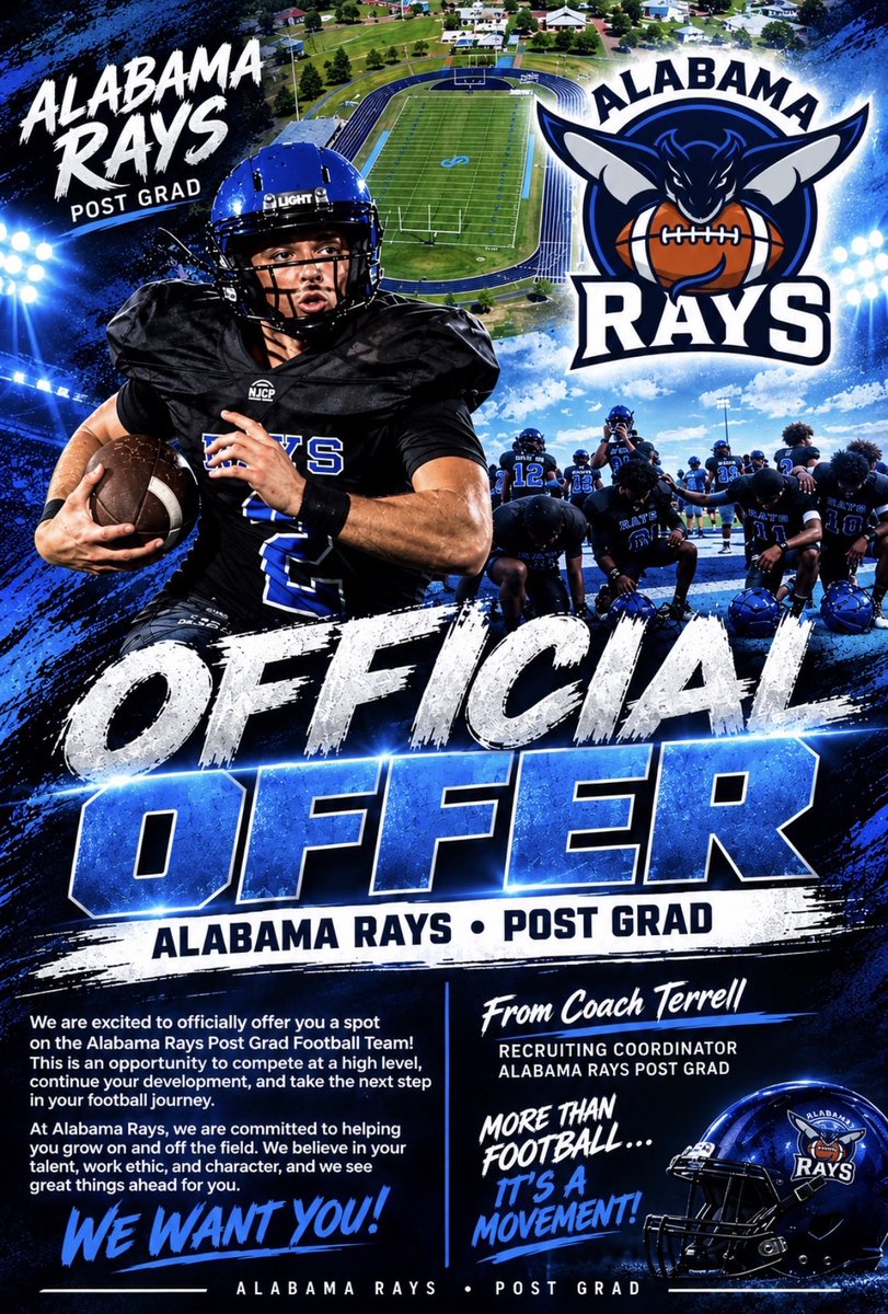 luchriss0's tweet photo. Blessed to receive an offer from  @ALRaysFootball @Playmakerhaddox @shemarkirk3 @__7KIRK7__ #AGTG 🙏🏽💙🖤 https://t.co/eDA92wnC40