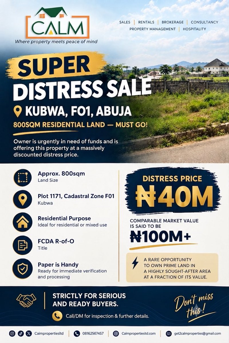 CalmProperties2's tweet photo. 🚨 SUPER DISTRESS SALE ‼️ 

📍 Kubwa FO1 

💰 ₦40M NET (5% facilitators fee)

Owner needs urgent funds. Exceptional price for a quick and serious buyer.

⏳ Strictly time-sensitive. Serious buyers only.

📞 Call /DM 08162567457 for inspection. 

#abuja #property #viral #kubwa https://t.co/hZfyU1qQ0D