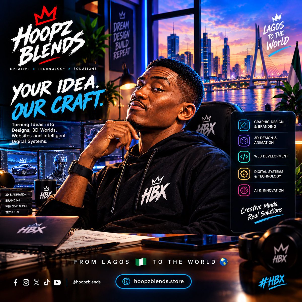 HoopzBlends's tweet photo. YOUR IDEA. OUR CRAFT. 👑⚡
You bring the idea.
We explore what it can become.
🎨 Design | 🧊 3D | 💻 Web | ⚙️ Tech | 🤖 AI
From Lagos 🇳🇬 to the world 🌍
Bring us your idea.
#HBX #HoopzBlends #CreativeTechnology https://t.co/HRkR1qF4uE