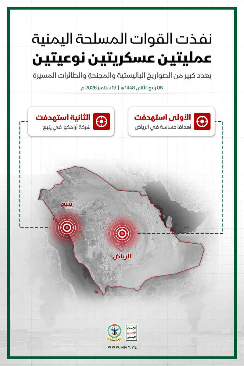 MMY1444's tweet photo. نفذت القوات المسلحة اليمنية عمليتين عسكريتين نوعيتين بعدد كبير من الصواريخ الباليستية والمجنحة والطائرات المسيرة

- الأولى استهدفت أهدافاً حساسة في عاصمة العدو السعودي الرياض
- الثانية استهدفت شركة أرامكو في ينبع https://t.co/4zWREPZ2x5