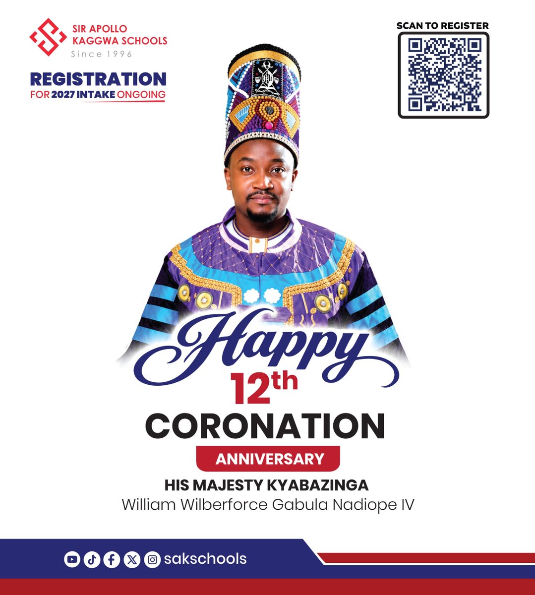 SAKMengo's tweet photo. Happy 12th Coronation Anniversary to His Majesty the @KingNadiopeIV of Busoga! ๐
We join the people of Busoga in celebrating this significant milestone, honouring His Majestyโs years of leadership, service and commitment to the people of the Kingdom.
#SakSchools #HomeOfTalent https://t.co/mlfhsGrkMg