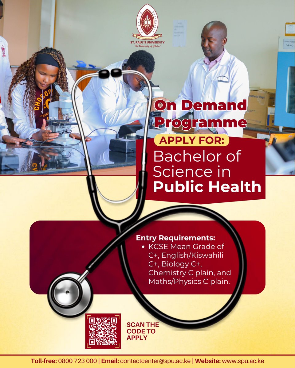 SPUKenya's tweet photo. Few Slots Remaining!
Enroll today for Bachelor of Science in Public Health!
Apply here https://t.co/AAzkAC2Kja
For inquiries, call 0800 723 000 (toll-free); email contactcenter@spu.ac.ke; visit the website https://t.co/AhaDLyWIRB
#WeAreSpu #september2026intakeongoing https://t.co/Ld27uUsonM