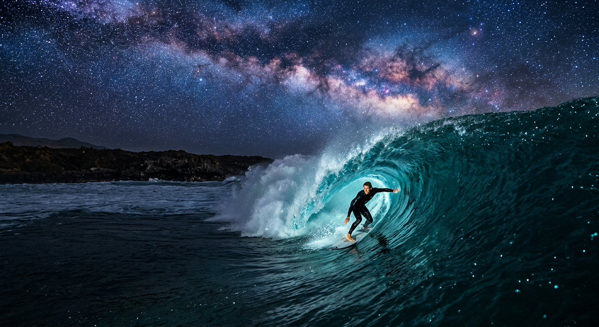 surfreportbr's tweet photo. Muito surf sob um céu simplesmente inacreditável! 🌊✨
Um tubo perfeito, água cristalina e a Via Láctea transformando a sessão em um verdadeiro espetáculo. 🏄♂️🌌🔥
#Surf #Surfing #MuitoSurf #Tubos #Ondas #SurfLife #NightSurf #Ocean #Wave #SurfCulture #SurfReport https://t.co/LqKCElyD6p