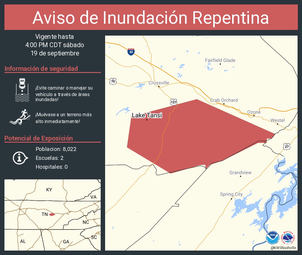 Este gráfico muestra la localización en el mapa de un aviso de inundación repentina. El aviso estará en efecto hasta las 4:00 PM CDT. El aviso incluye a Lake Tansi TN. El aviso incluye el sureste del condado de Cumberland en el el centro de Tennessee. ¡Evite caminar o manejar su vehículo a través de áreas inundadas! ¡Muévase a un terreno más alto inmediatamente! Hay 8,022 personas bajo este aviso incluyendo 2 escuelas y 0 hospitales.