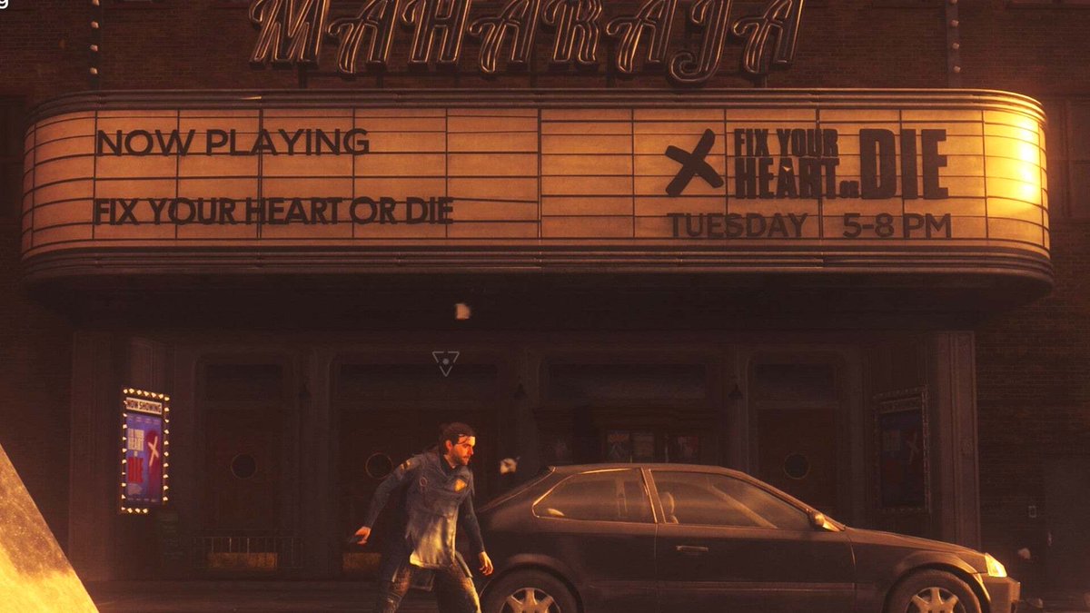 ThatsOurWaldo's tweet photo. Everyone: Is someone making a Twin Peaks game?

Remedy: “NOW SHOWING: FIX YOUR HEART OR DIE”

A David Lynch homage hiding on a marquee in CONTROL RESONANT. https://t.co/DojBiQ5fHv