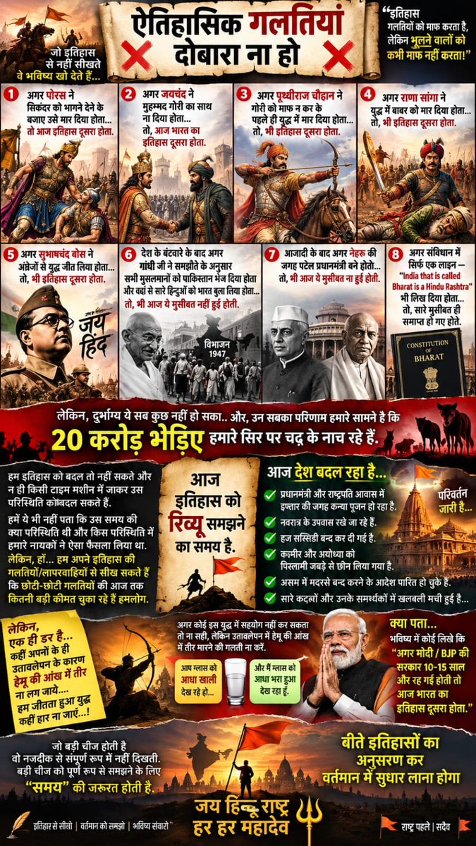 dilipatil's tweet photo. ❌ऐतिहासिक गलतियां दोबारा ना हो❌
1-पोरसने सिकंदरको भागने देनेके बजाए,उसे मारदिया होता,तोआज इतिहास 2रा होता
2-जयचंदने मुहम्मद घोरीका साथ ना दियाहोता,तोआज इतिहास 2रा होता
3-पृथ्वीराज चौहानने घोरीको माफ न करके 1ले ही युद्धमें मार दियाहोता,तो,इतिहास 2रा होता
ये अगरकी बात
🙏🔥🚩🇮🇳A https://t.co/YpERQCD6mu