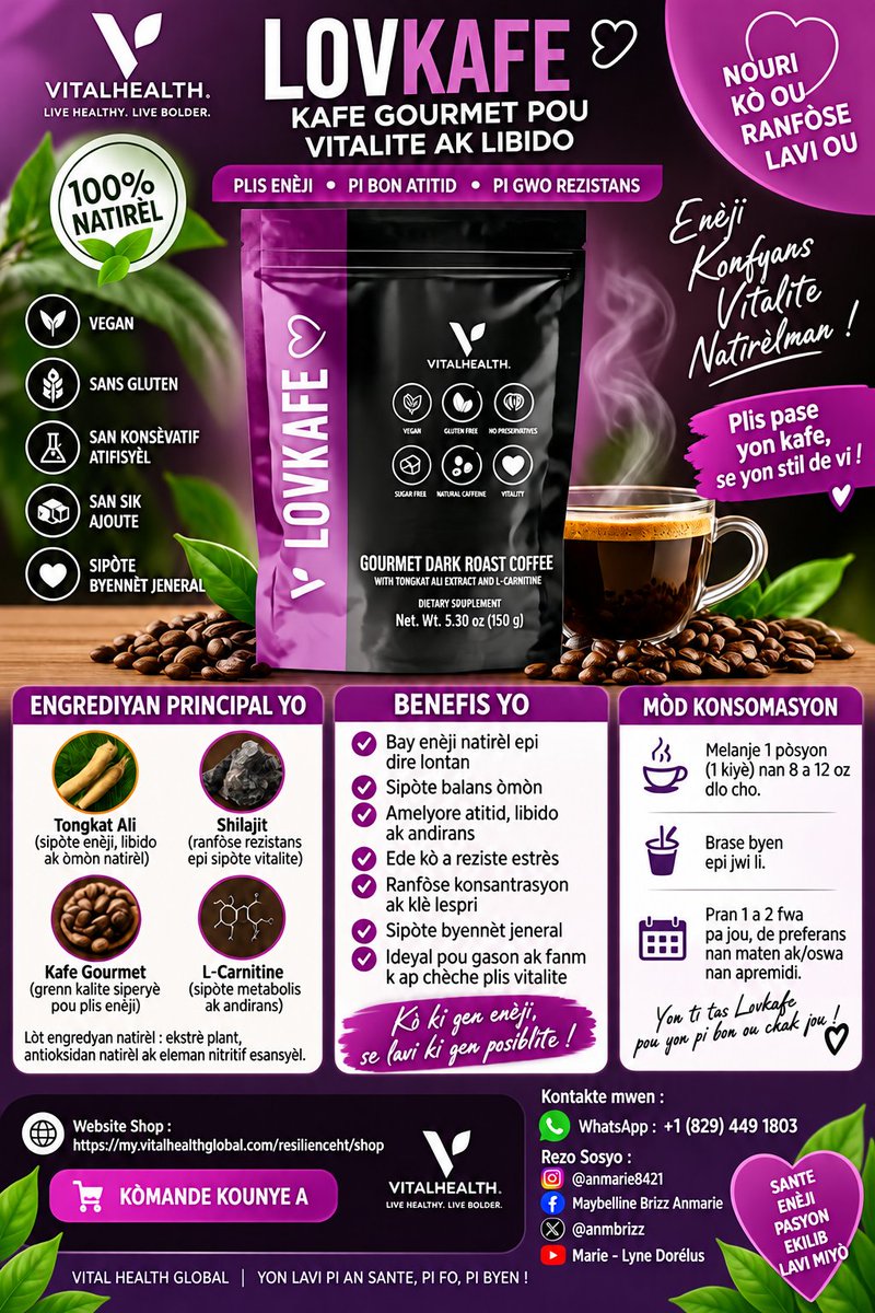AnmBrizz's tweet photo. LOVKAFE
Tout benefis ak Engredyan yo ekri nan flyer an
Fason pou konsome Sipleman an tou ekri nan flyer an
Pou tout kòmand klike nan Link 🔗 ki epingle nan premye piblikasyon an
VITAL HEALTH GLOBAL
#Nanotechnology
#Adaptogenes
#SanteNatirèl
#VitalHealthGlobal
#VieSaine https://t.co/g34wYFjyHT