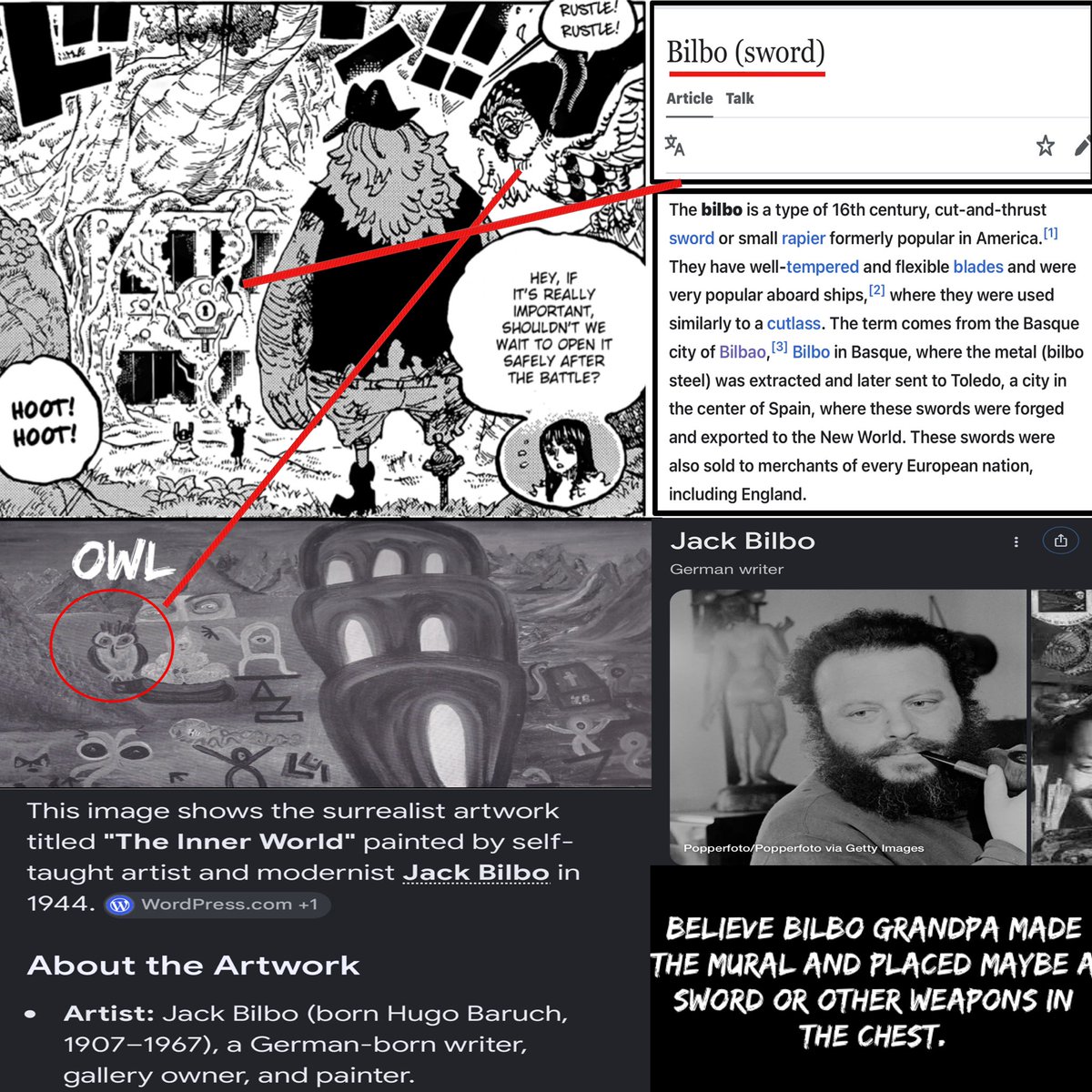 BlacktyonteXavi's tweet photo. Oda is truly a Genius!!

So One Piece Chapter 1193, we are presented by bilbo a chest & has written letter & tool.

Well yall in real world history, their is sword called BILBO!! Made in the 16th century and the name comes from actual city called Bilbao & this city wheee the metal bilbo steel was extracted!!

But it don’t stop their, their is actual German Writer,Self taught painter called Jack Bilbo!! He created painting in 1944, called inner world and in this painting you can see OWL!!!

See yall I think Bilbo grandpa was Writer & could have wrote the Harley text & Painter, meaning he could have made the mural & Blacksmith that could have made the tool that’s weapons.