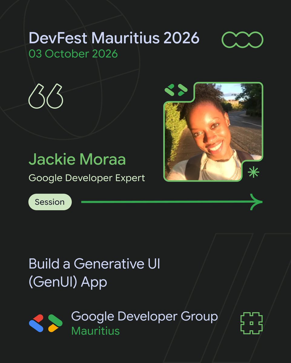 MSCraftsman's tweet photo. Weโre pleased to welcome Jackie Moraa, Google Developer Expert (GDE) to DevFest Mauritius 2026!
๐
03 October 2026
๐ African Leadership College of Higher Education (ALCHE), Mauritius
๐๏ธ Reserve your ticket: https://t.co/Jpr32SgfeQ
#DevFestMauritius #GDGMauritius https://t.co/L5zuyJfLq5