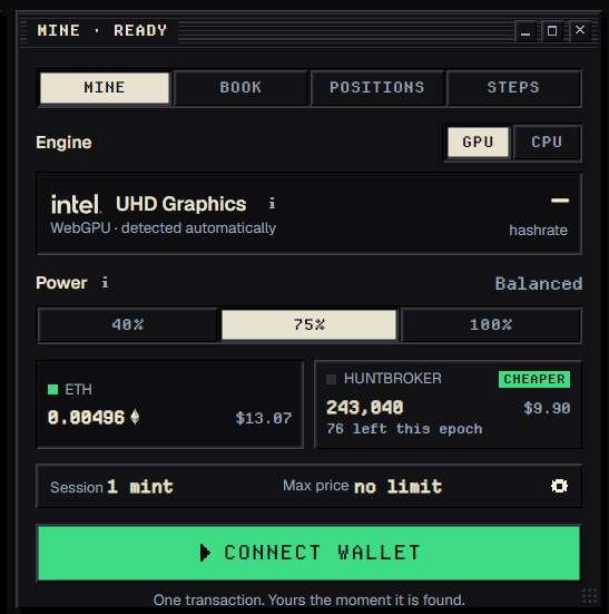 HuntbrokerRH's tweet photo. You can now mine with $HUNTBROKER 

Same curve, same odds, same Brokers and Hunters, only the currency changes, and right now the token side is about 25% cheaper than ETH

Only 76 token slots in this epoch, once they're gone it's $ETH only until the next one 👀 https://t.co/FGdQ9JjZAN