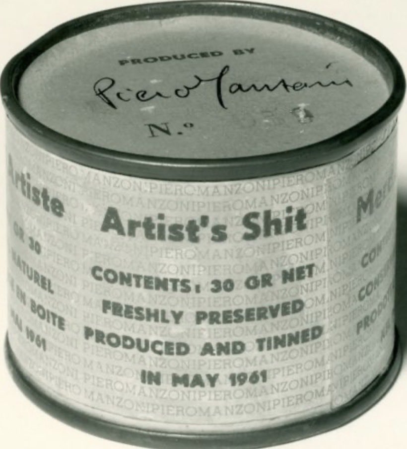 Appalonian's tweet photo. Long story short:
His father owned a canning factory and called Piero’s work shit
Piero knew what he had to do…

Merda d’artista 1961 https://t.co/NZ6E9SxgfU