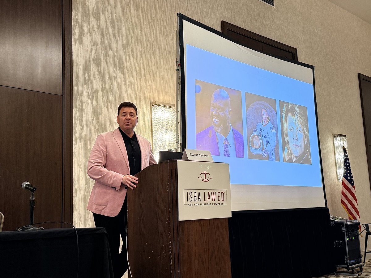 ISBAlawyer's tweet photo. Stuart Teicher, Attorney at Law, presents “Bumps, Bruises &amp; Battle Wounds: Lessons from the Past to Shape the Future” during the ISBA Solo &amp; Small Firm Conference 2026 in Peoria, IL.

Special thanks to moderator Linda Watson, Watson Law. 

#ISBA #SSFC26 https://t.co/etROqywrZo