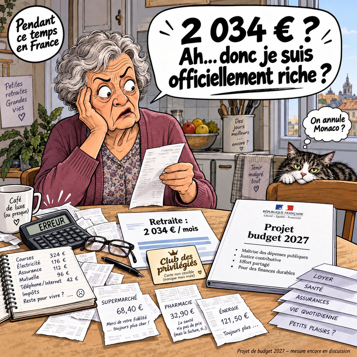 FEERIE1's tweet photo. 2 034 € de retraite par mois.

Le gouvernement envisage de geler la pension de base à partir de ce niveau.

À chacun de se faire son idée : aujourd’hui, 2 034 € par mois, vous considérez que c’est une retraite élevée ?

#Retraites #Budget2027 #France https://t.co/SI3eTALSwv