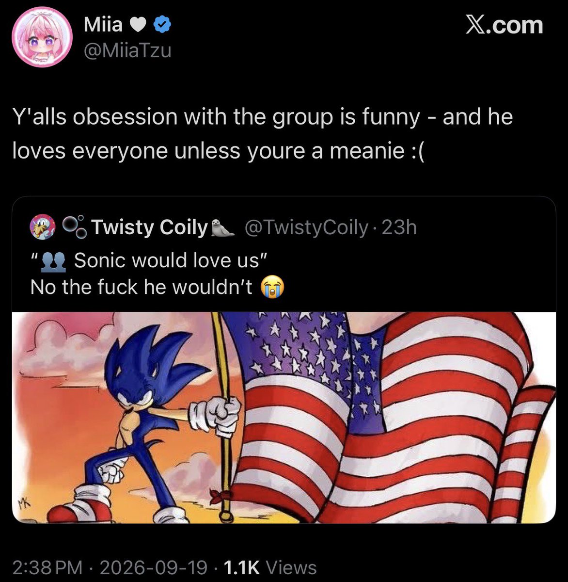 CaptainDaybreak's tweet photo. “The group” is a far-right hate group that doxxed, harassed, threatened, and stalked multiple people, Miia. Why would you think that Sonic would love such a vile group of people? https://t.co/D8V0CZW6ez