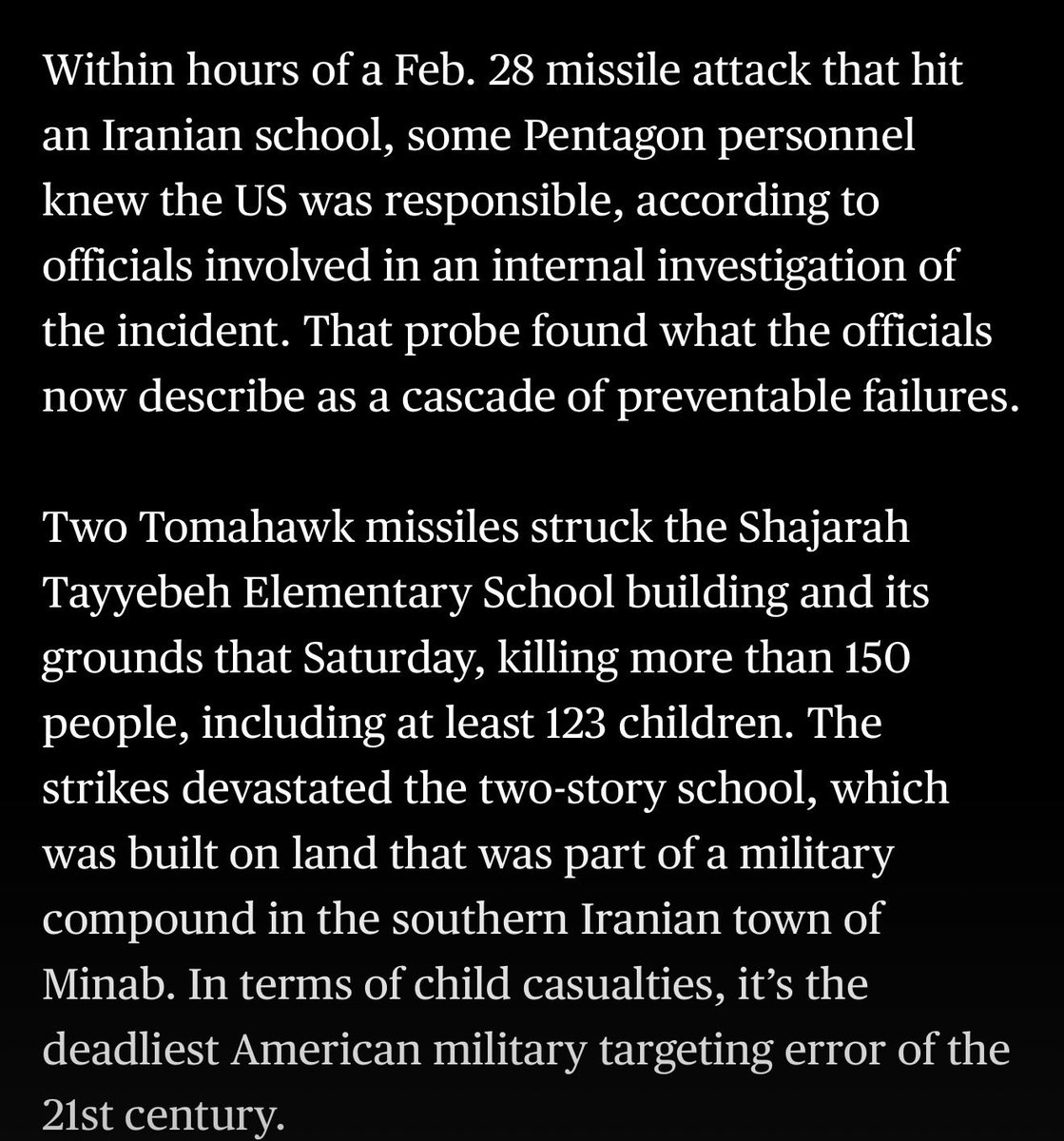 annmarie's tweet photo. Pentagon investigators have discovered that flawed intelligence, outdated imagery and an overreliance on AI contributed to a missile strike that killed 123 children in Minab.
https://t.co/6Fa2sLRvBH https://t.co/laqB8oBqMZ