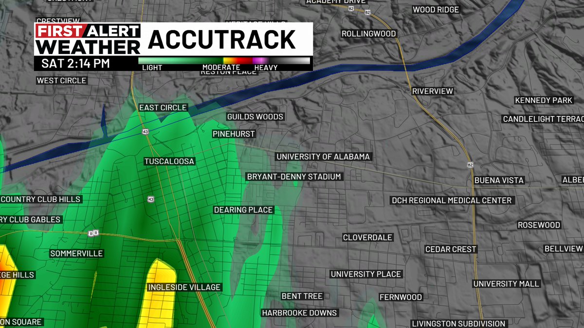 CarlynsWx's tweet photo. FIRST ALERT! There is currently a 30-minute lightning delay to the 2:30 PM kickoff start time at Bryant-Denny Stadium. It will restart with every new strike within an 8-mile radius. Here's what I'm seeing on radar right now in Tuscaloosa.⚡
#alwx #wbrc #firstalert https://t.co/T7NMH70M1O