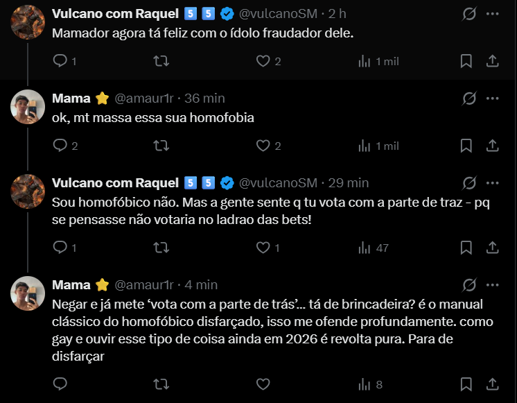 amaur1r's tweet photo. AMIGAS @vulcanoSM negou ser homofóbico e confirmou no mesmo tweet. Sou gay e isso me feriu de vdd. Em 2026 ainda ter que engolir essa merda dói pra caralho. Usa a política pra justificar preconceito (eleitor de Raquel) e me ataca de graça. Homofobia disfarçada. https://t.co/R5z6JjaAEf