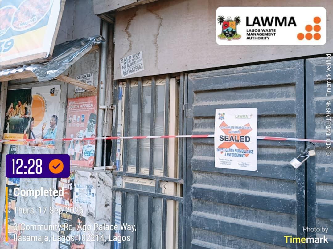 followlasg's tweet photo. LAWMA SEALS PREMISES ON AGO PALACE WAY, ARRESTS 11 DUMPERS ON LAGOS ISLAND

… Intensifies Enforcement Against Illegal Waste Disposal

In renewed enforcement efforts, the Lagos Waste Management Authority (LAWMA) has sealed premises identified for persistent illegal waste dumping along Ago Palace Way and arrested 11 persons for illegal waste disposal in various parts of Lagos Island.

The Managing Director/Chief Executive Officer of LAWMA, Dr. Muyiwa Gbadegesin, said that the enforcement operations underscored the Authority’s resolve to enforce existing waste management regulations and ensure compliance with approved waste disposal practices across Lagos.

He explained that the Ago Palace Way operation covered plazas, hotels, lounges and warehouses along the corridor, as part of efforts to tackle activities contributing to waste build-up and environmental nuisance on road setbacks, medians and other unauthorised public spaces.

He added that the enforcement exercise on Lagos Island, covering Tinubu, Apongbon, Oke-Arin and CMC areas, led to the arrest of 11 persons for unauthorised handling and illegal disposal of waste.

Gbadegesin reaffirmed that indiscriminate waste disposal remained detrimental to the environment and could undermine sanitation gains across the State, urging residents, traders and businesses to desist from dumping waste on roads, walkways, drains and other unauthorised locations.

He stated that waste should be properly bagged and handed over to accredited Private Sector Participation (PSP) operators, adding that businesses and property owners must take responsibility for waste generated within and around their premises.

According to him, the enforcement exercise formed part of LAWMA’s broader strategy to improve environmental cleanliness, tackle violations at source and promote responsible waste management behaviour.

He said that the Authority would continue to monitor different parts of the State and take appropriate enforcement action against persons and businesses found violating environmental regulations.

The LAWMA boss urged residents, traders, businesses and property owners to comply with environmental regulations, use approved waste disposal channels and support the Authority’s efforts to keep public spaces clean, accessible and environmentally safe.

He encouraged members of the public to report instances of illegal dumping and other waste management violations through LAWMA’s established channels, stressing that achieving a cleaner Lagos required the collective responsibility of government, residents, businesses and other stakeholders.

@jidesanwoolu @drobafemihamzat @muyiwag @Lawma_gov @gbenga_omo @gboyegaakosile @BarrBimbola @Mr_JAGs @Riddwane
#AGreaterLagosRising 
#LASG