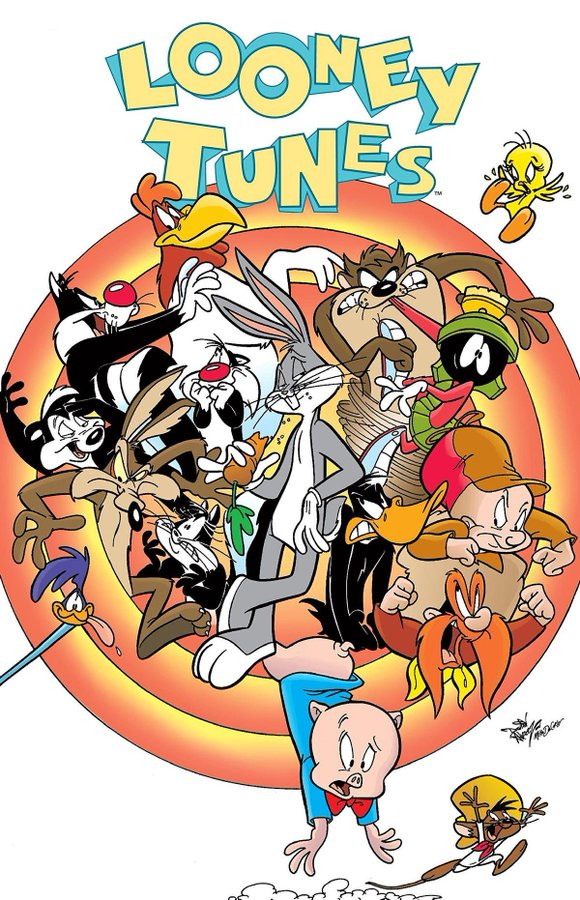 TheRealArtofTy's tweet photo. This cover drawn by Dave Alvarez for the DC Looney Tunes comic's 50th issue and compilation reissue does a better job at showing how these characters would really act towards each other compared to how WB treats them as a family akin to the Muppets https://t.co/FivheN5zav