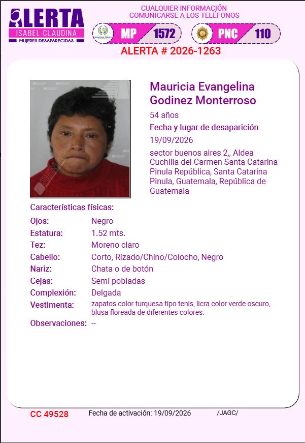 isabel_claudina's tweet photo. #AlertaIsabelClaudina
🚨 Ayúdenos a encontrar a
MAURICIA EVANGELINA  GODINEZ MONTERROSO
Cualquier información comunicarse al teléfono 📞 1572
Gracias por difundir esta información❗ https://t.co/4vcFwSwVpC