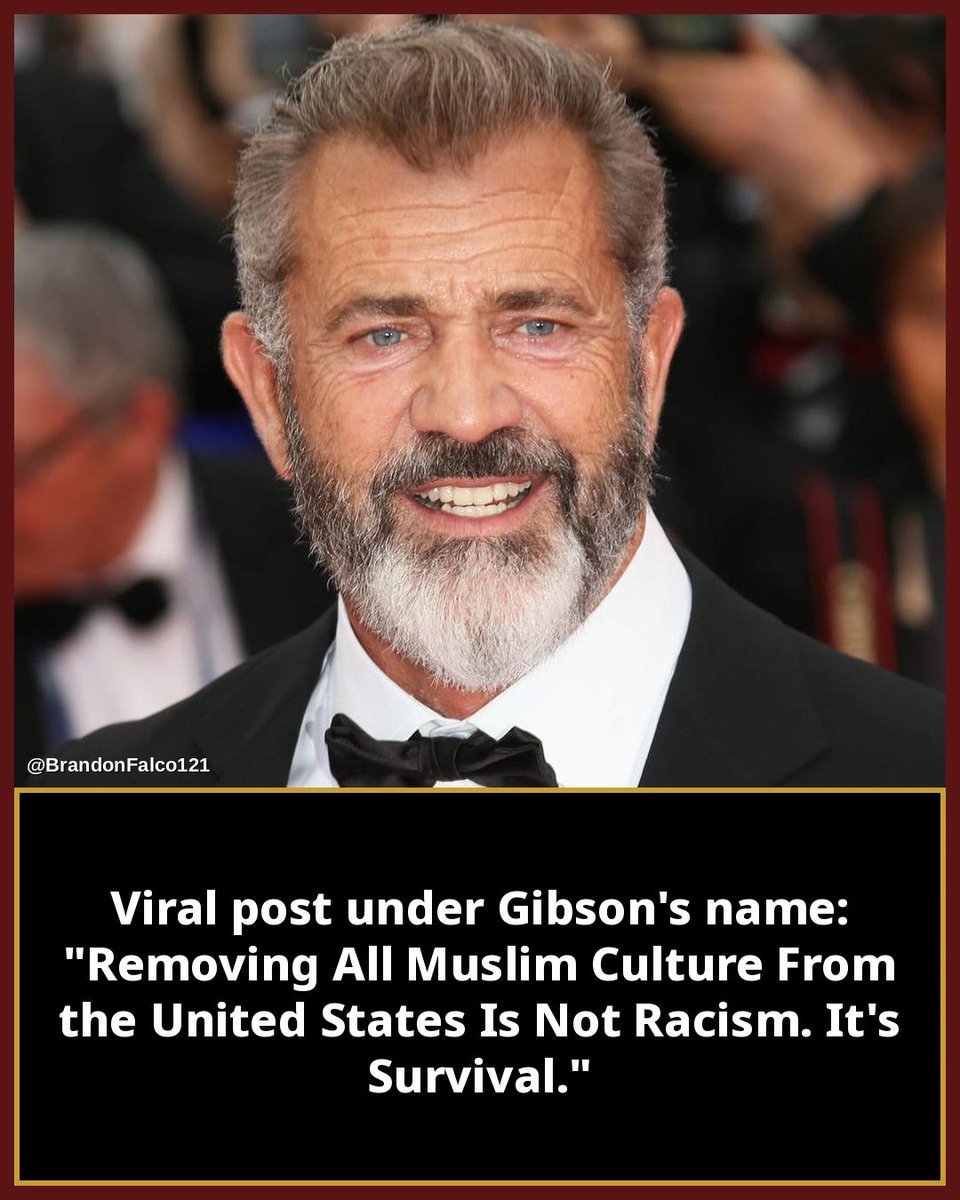 BrandonFalco121's tweet photo. Mel Gibson says removing all Muslim culture from the United States isn't racism, it's merely survival.
Do you think ALL Muslims need to go to preserve our survival? https://t.co/bvkAwdz1Iq