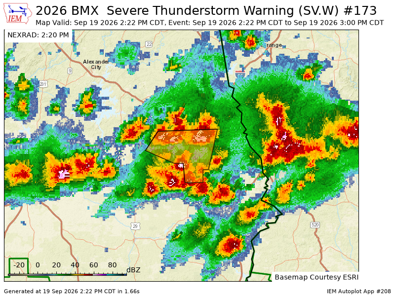 FayCoALARC's tweet photo. BMX issues Severe Thunderstorm Warning [wind: 60 MPH (RADAR INDICATED), hail: 0.75 IN (RADAR INDICATED)] for Lee [AL] till 3:00 PM CDT https://t.co/A7JXkF1vLu https://t.co/DZdYsDOYTA