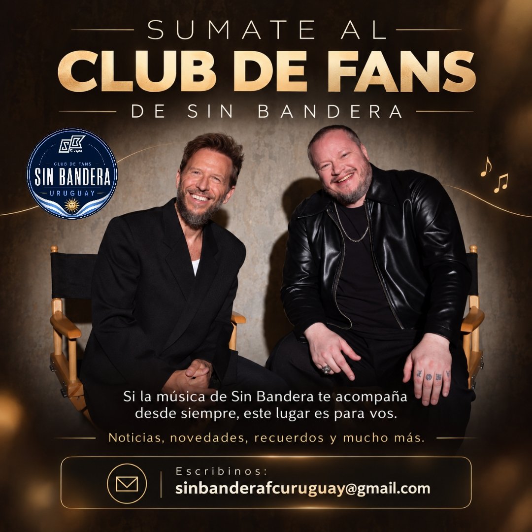 FCSinBanderaUru's tweet photo. Si la música de @sinbandera también forma parte de tu historia, este espacio es para vos. 💙🎶
Sumate al FC Sin Bandera Uruguay y compartamos juntos esta pasión por @NoelSchajris y @LeonelGOficial. https://t.co/hTHchjFkDe